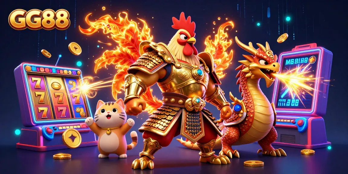 Experience the thrill of GG88 with spinning slot reels and animated winning symbols in a vibrant 3D scene.