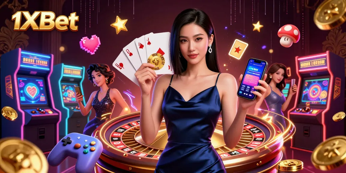 Play exciting games at 1xBet with a stunning illustration of a confident woman showcasing casino joy.