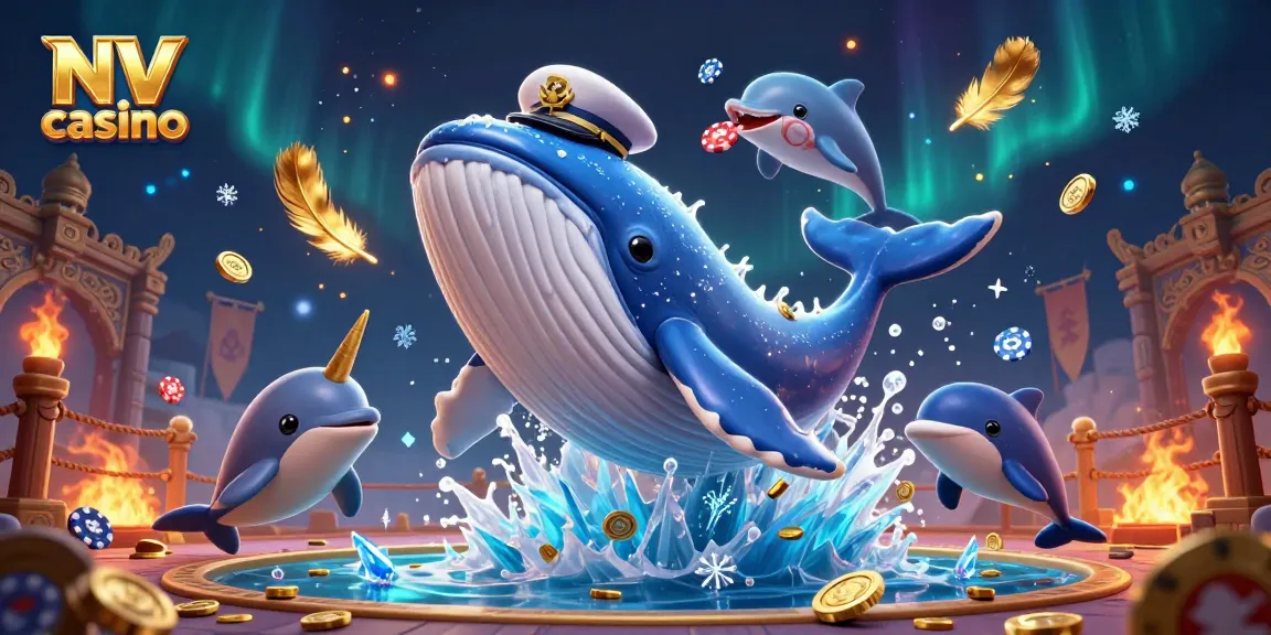 Navigating the vibrant NV casino with playful dolphins and a whimsical whale amid sparkling gold coins.