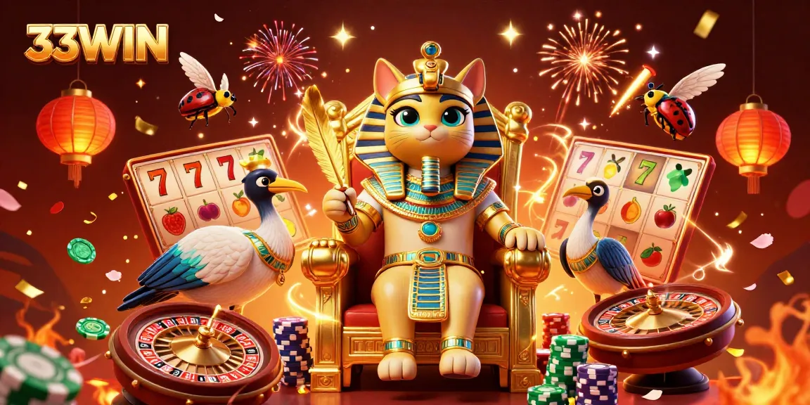 Engage in thrilling play at 33WIN with vibrant casino elements and festive energy in a 3D illustration.