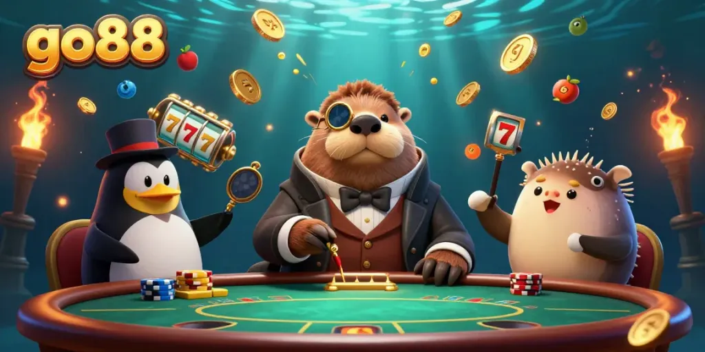 Experience engaging gameplay with go88 at an underwater poker table featuring a jolly walrus and friends.