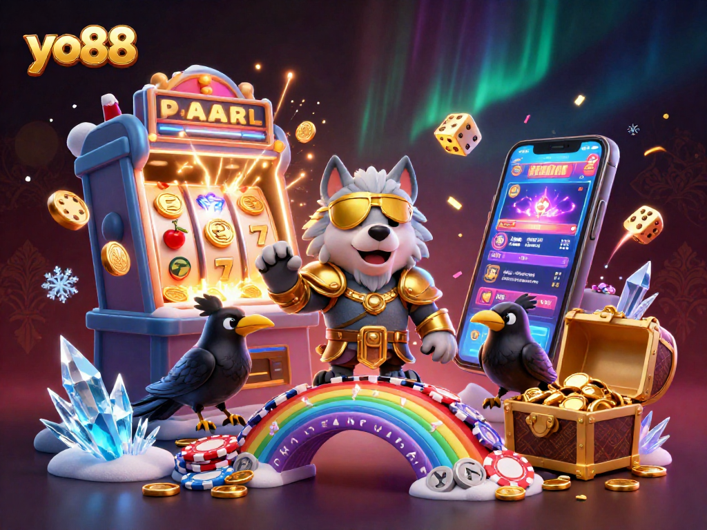 Experience the thrill of winning with yo88 at this vibrant casino-themed illustration featuring dynamic playful elements.