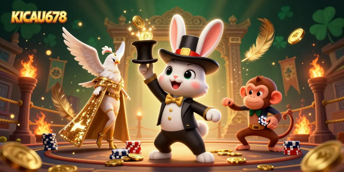 KICAU678 features a magician rabbit conjuring coins with exciting casino elements and vibrant characters.