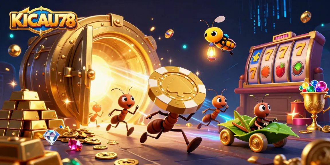 KICAU678 heist scene with cartoon ants, golden poker chip, and slot elements bursting with riches