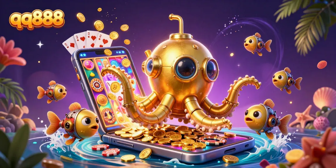 Experience thrilling action on qq888 with a golden kraken submarine amidst golden coins and exciting slot games.