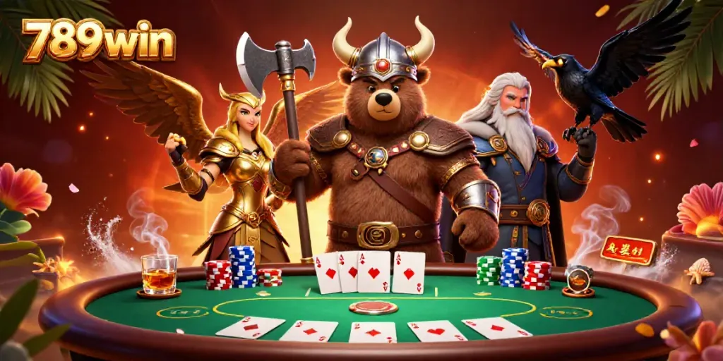 Experience thrilling poker action with 789win, featuring Viking characters and vibrant casino elements.