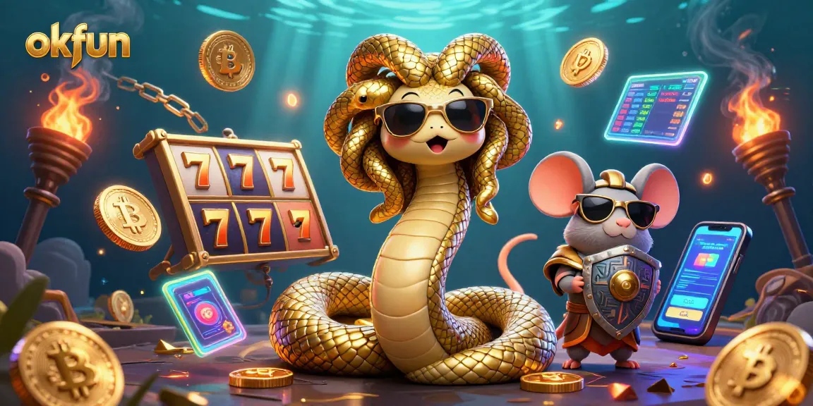 Experience thrilling slot games with Medusa and a warrior in a vibrant okfun casino environment.