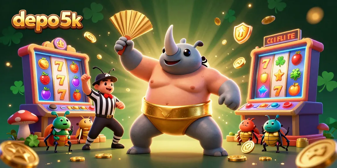 Engage with depo 5k at a vibrant casino with cartoon beetles, colorful slot reels, and lively gaming action.