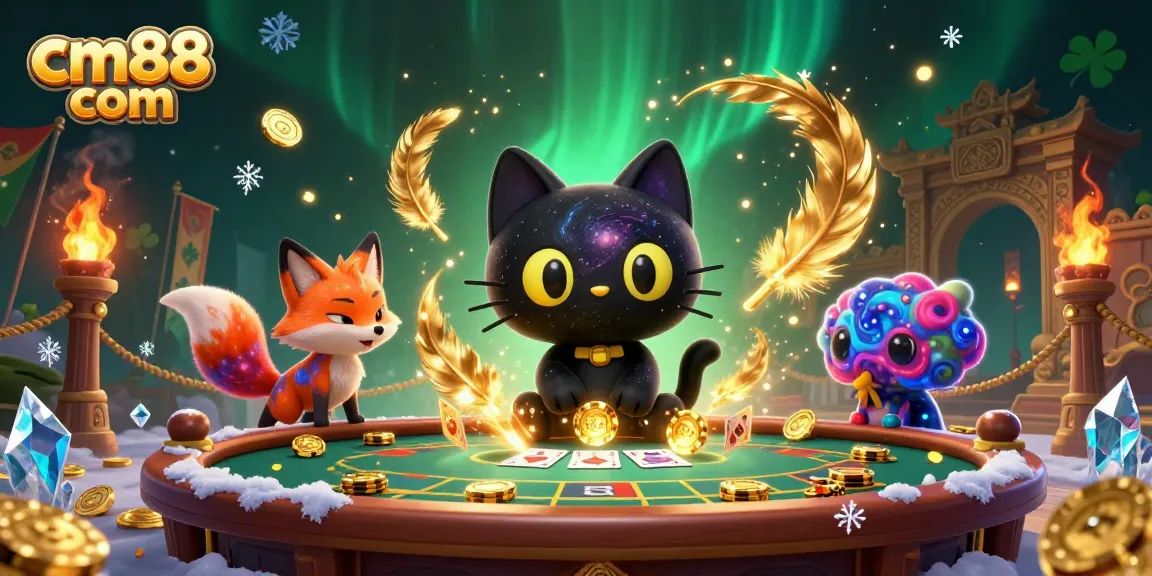Win at cm88 com with a cosmic casino-themed black hole cat drawing in chips and cards.