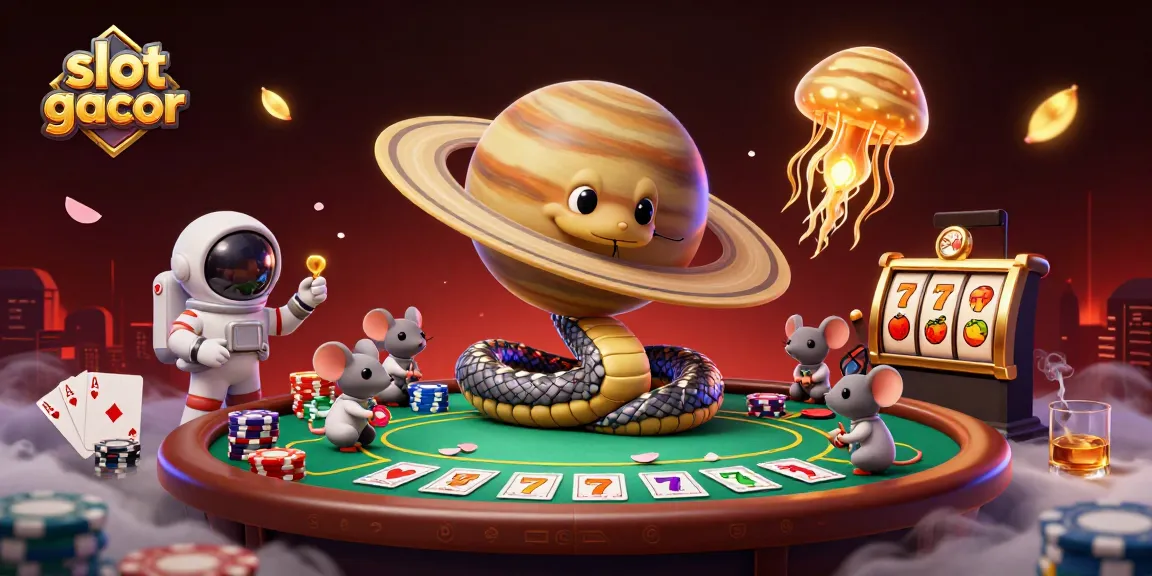 Engage in the slot gacor experience with a cosmic gambling scene filled with vibrant characters and rich casino elements.