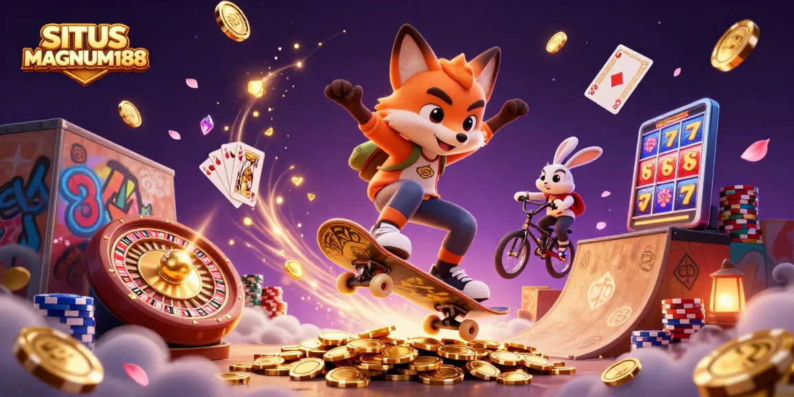 SITUS MAGNUM188 showcases a vibrant scene with a skateboarder fox and BMX rabbit, capturing the excitement of online gambling.