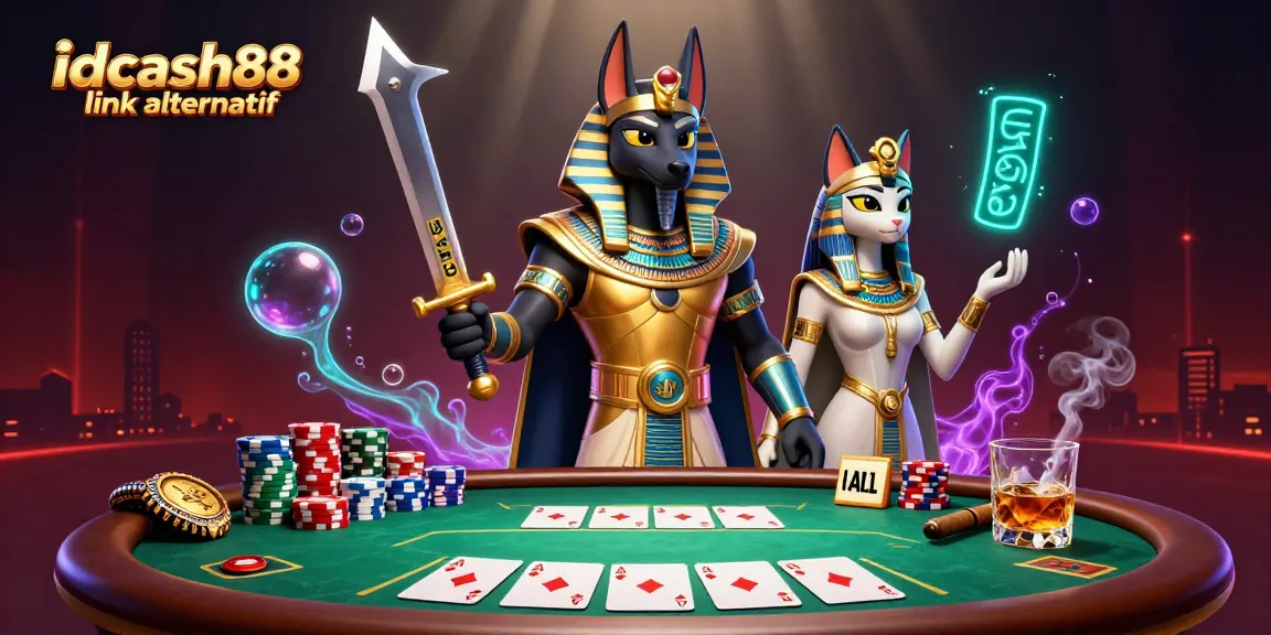 Experience thrilling wins at idcash88 link alternatif with captivating ancient Egypt-themed poker scene showcasing Anubis and Bastet.