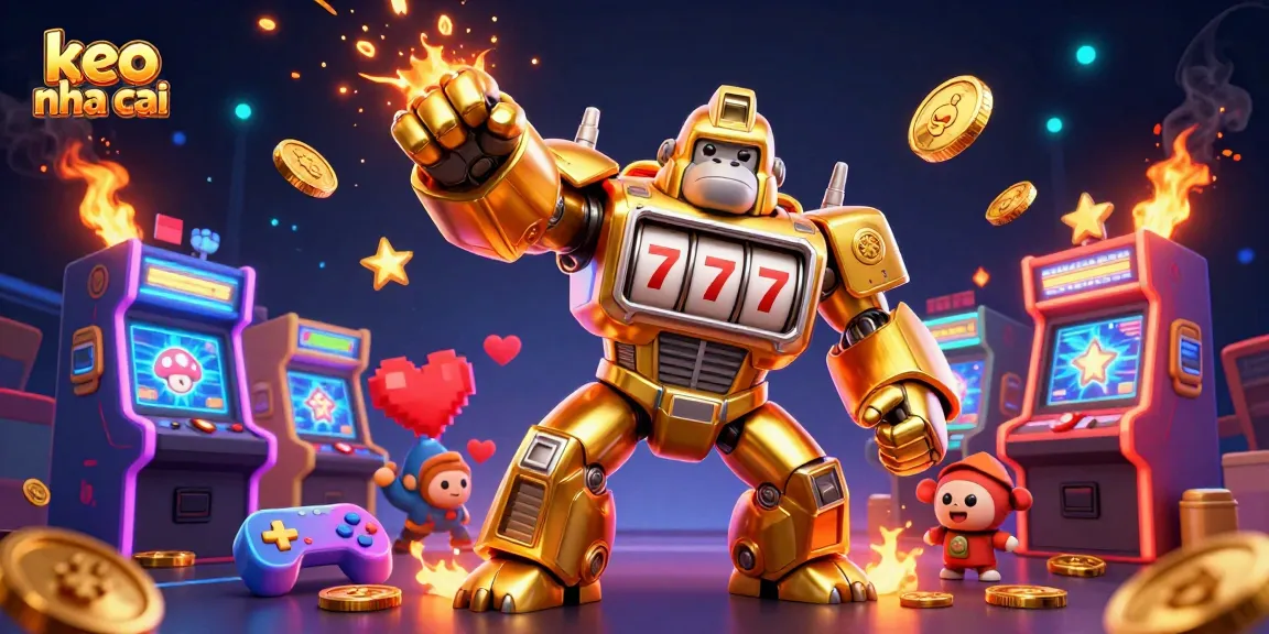 Experience thrilling action with keo nha cai's golden gorilla mech in this vibrant casino scene.