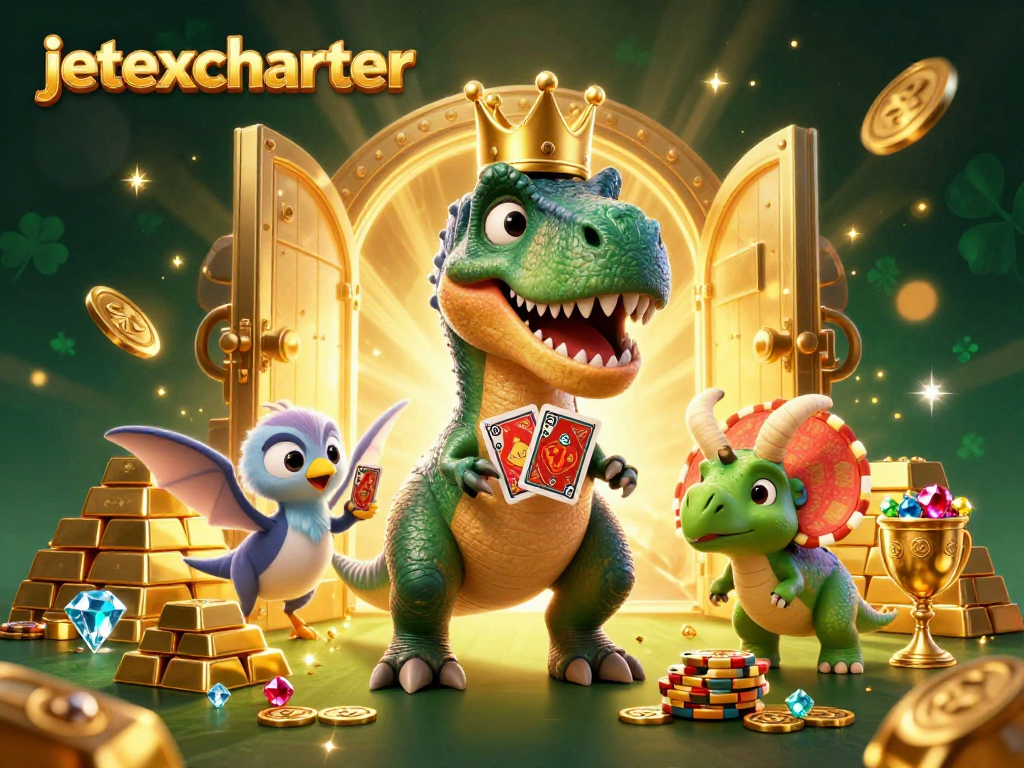 Experience the thrill of gaming with jetexcharter: a vibrant scene featuring dinosaurs shuffling cards and stacking chips.