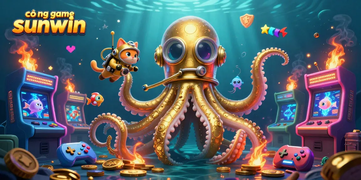 Engage with cổng game sunwin in a vibrant underwater casino scene featuring a kraken and a diving cat.