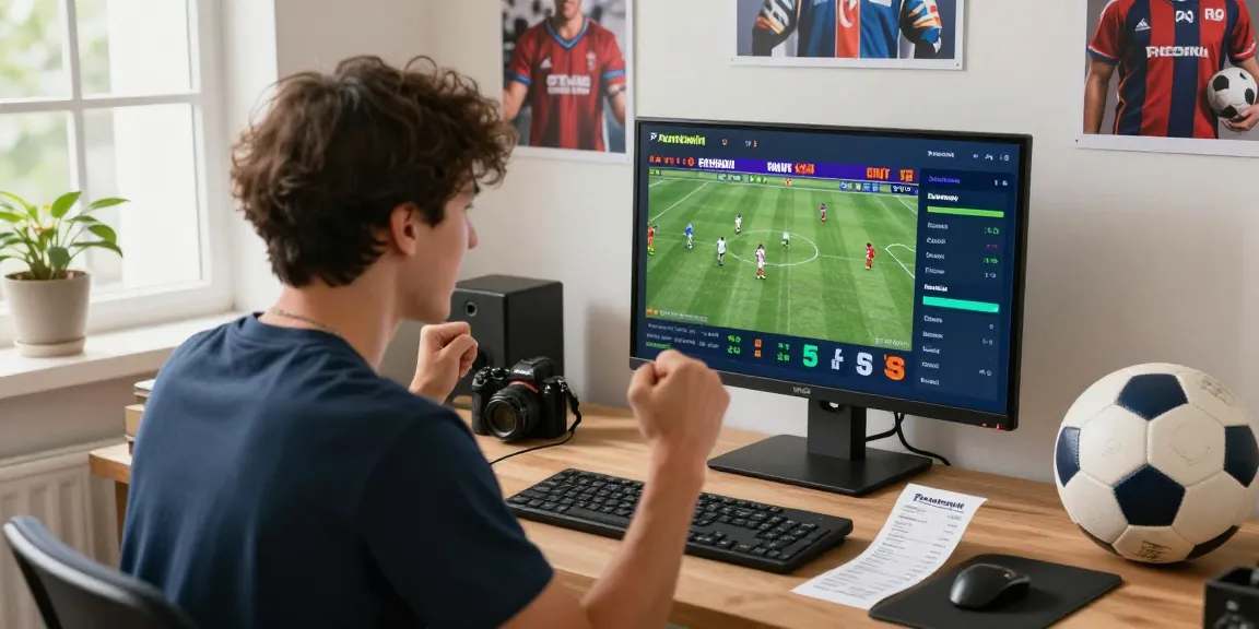 Excited user engaging with Puntowin platform for live sports betting in a vibrant home office setting.
