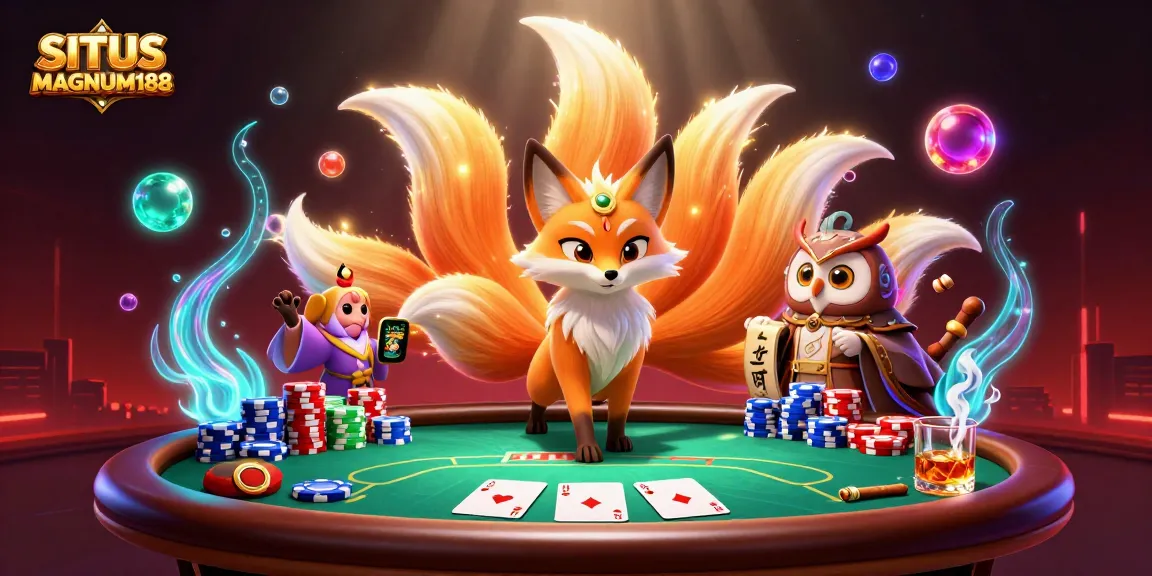 SITUS MAGNUM188 showcases a vibrant gaming scene with a nine-tailed fox and poker elements for big wins.