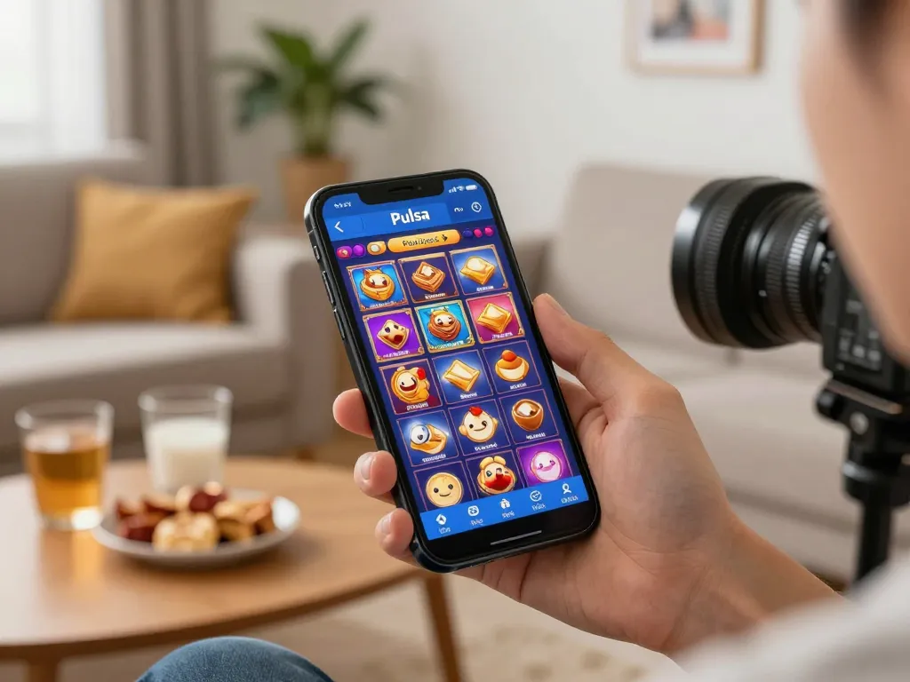 Engaging mobile gameplay on slot pulsa app showcasing vibrant spinning reels and user action