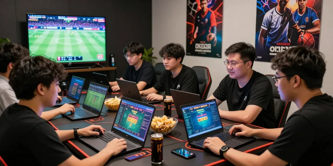 Exciting group enjoying online betting on nhà cái ok8386 with laptops and snacks