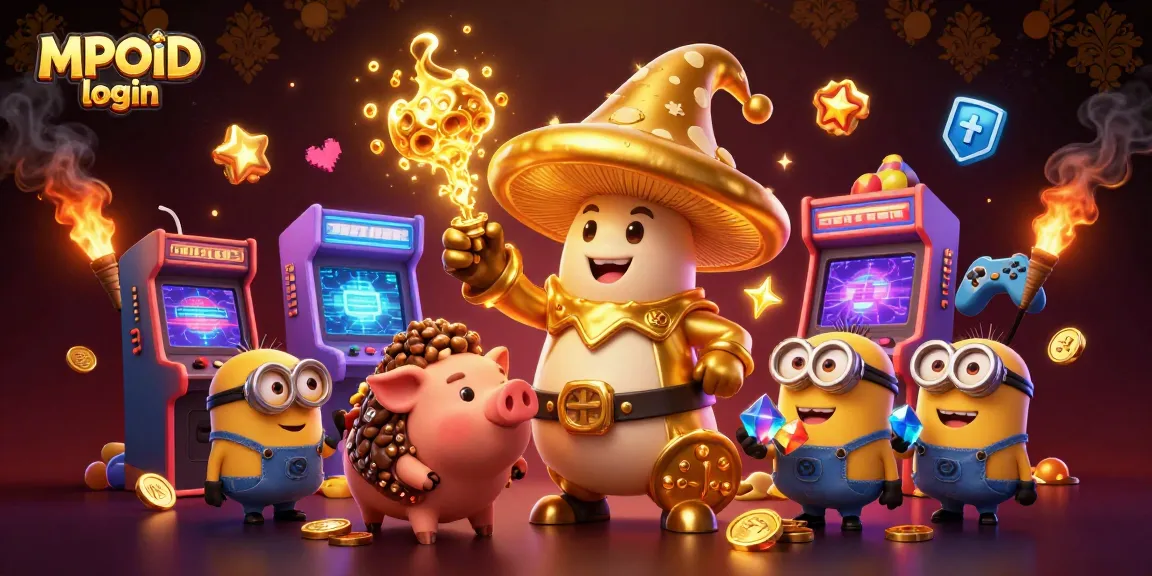 Engage with MPOID login's exciting gaming experience featuring colorful arcade elements and golden wizard characters.