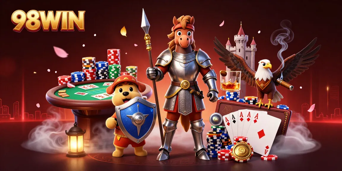 Experience top-tier gaming action with 98WIN featuring knights and poker elements in a vibrant casino scene.
