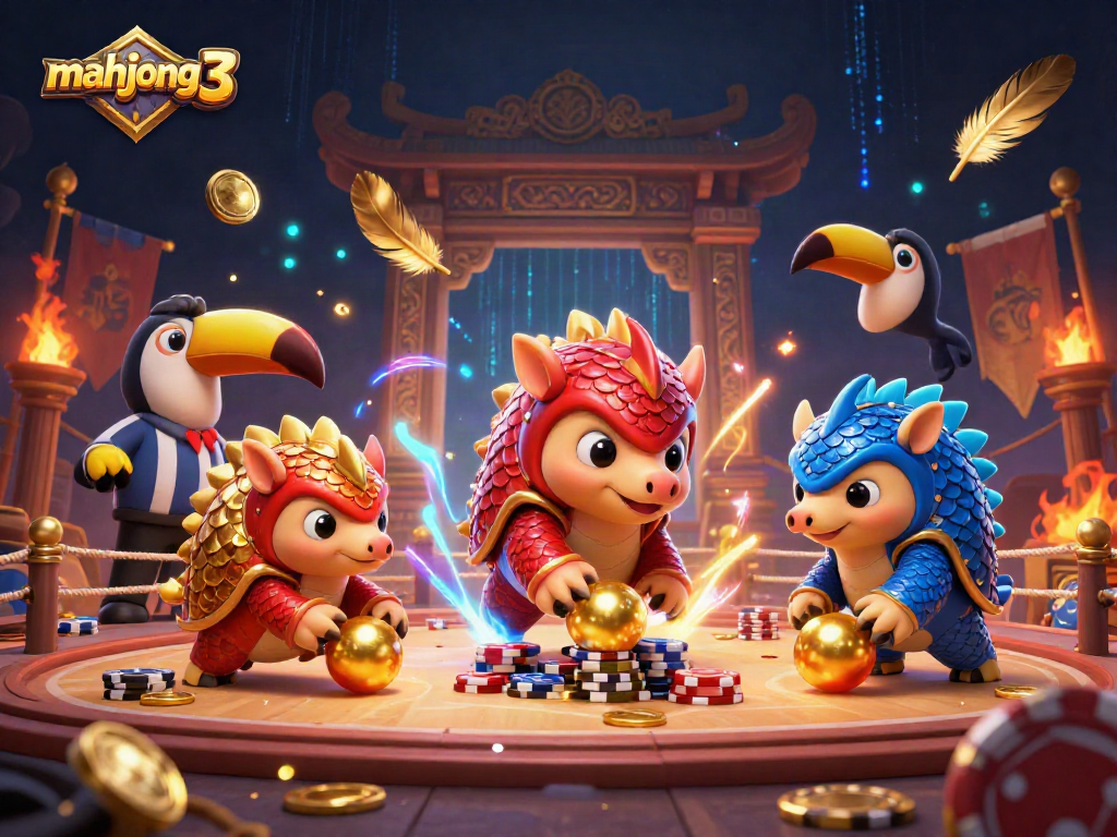 Engage in mahjong 3 action with rival pangolins battling through poker chips in a vibrant casino.