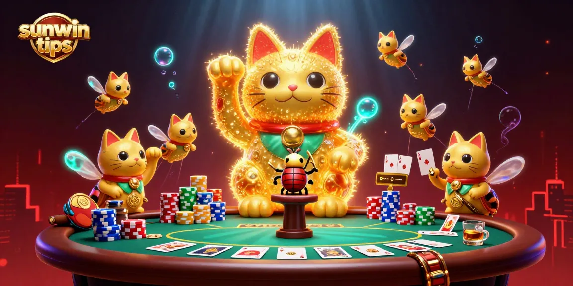 Engage with winning strategies using sunwin tips, featuring vibrant casino symbols and a lucky cat.