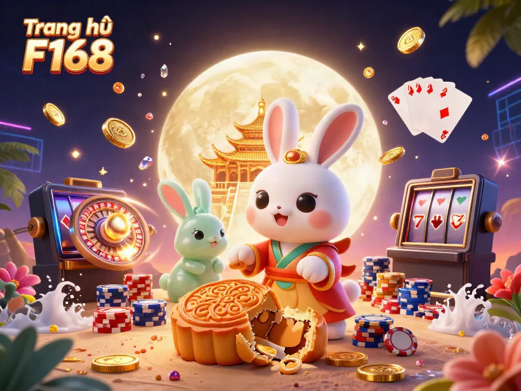 Experience thrills at Trang chủ F168, where moon rabbits reveal poker treasure amidst vibrant casino elements.