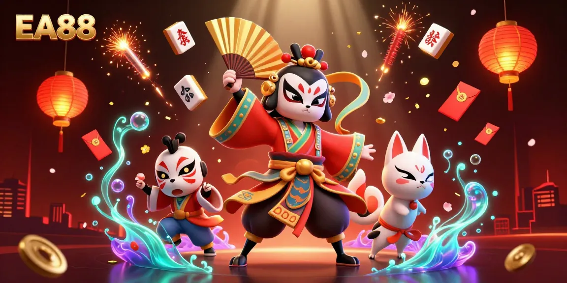 Experience vibrant gameplay at EA88 with enthralling scenes filled with kabuki warriors, lucky charms, and casino elements.