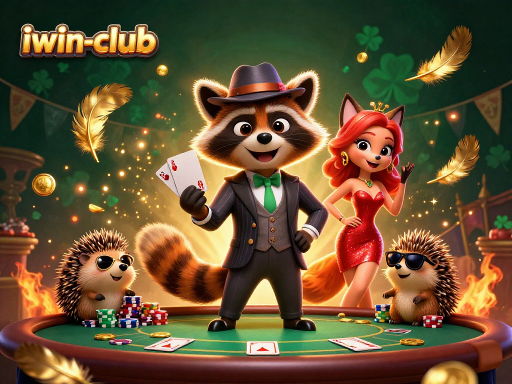 Join the excitement at iwin-club with a raccoon dealer, a glamorous fox player, and intense poker action.