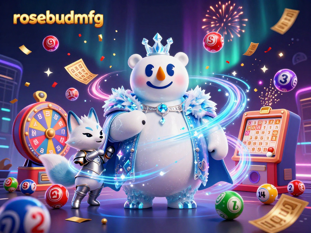rosebudmfg showcases an enchanting lottery scene with characters amidst vibrant game elements.