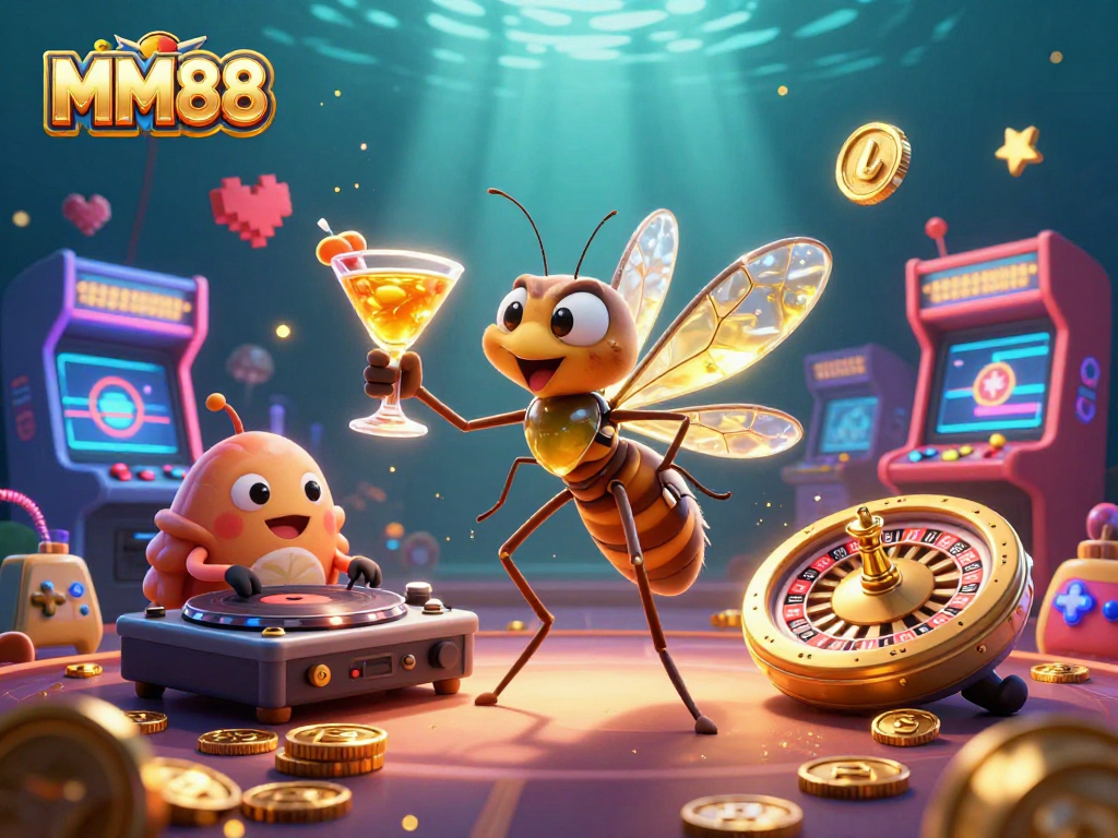Experience the excitement of MM88 with a vibrant casino scene featuring unique characters and game elements.