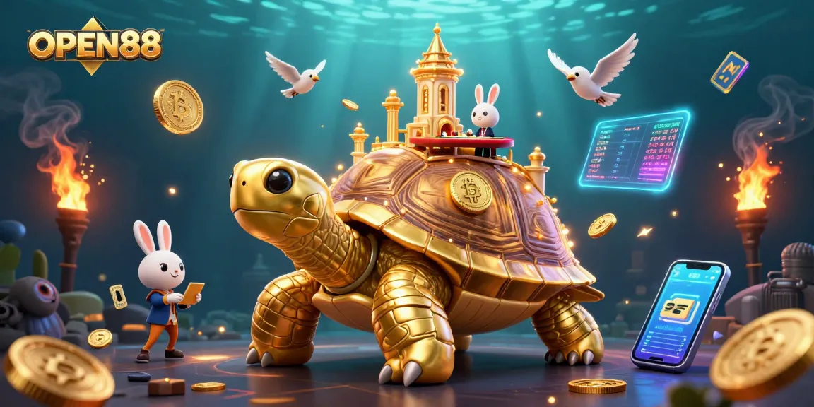 Engage with OPEN88 at a vibrant casino scene featuring gold tortoise and crypto coins.