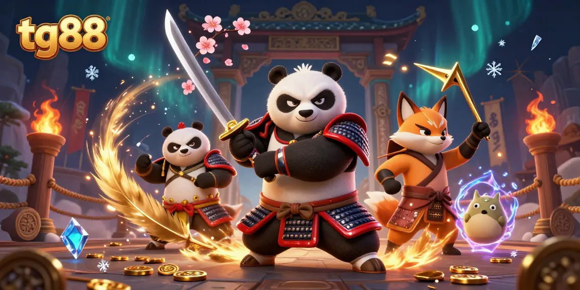 Enhance your gaming with tg88 as a samurai panda battles with allies in an epic casino scene.