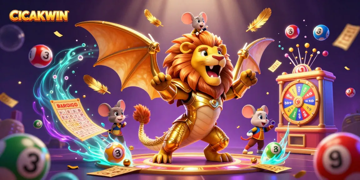 CICAKWIN winning strategies illustrated with a golden chimera and vibrant lottery elements in a casino atmosphere.