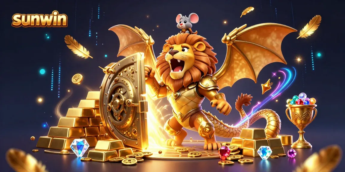 Engage with sunwin's rich casino adventures featuring a golden chimera and treasure-filled illustration.