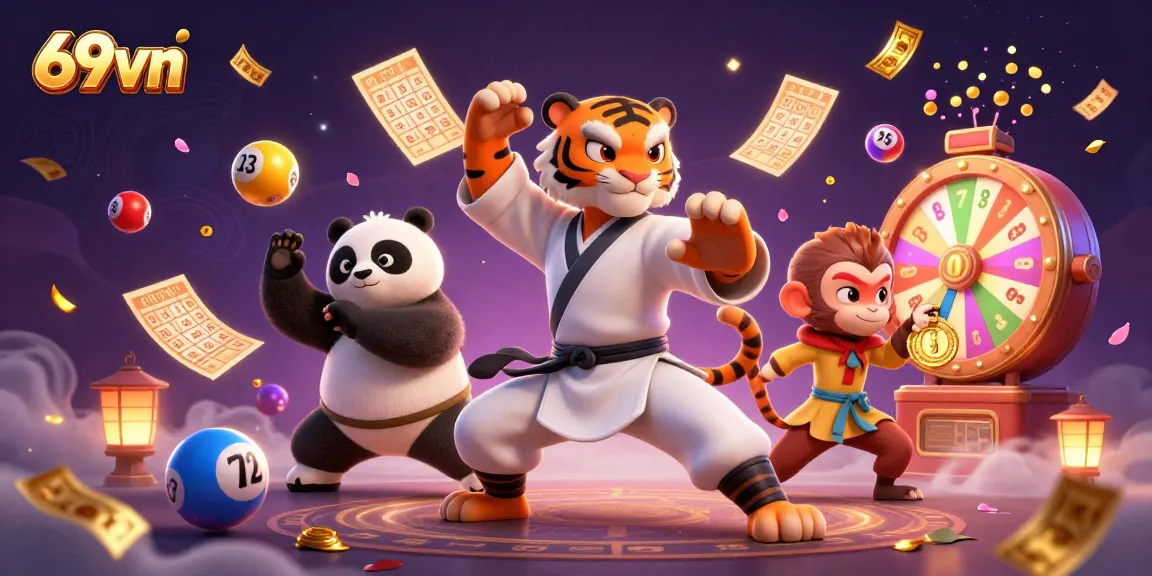 Engaging scene with kung fu tiger and panda master at 69vn, showcasing colorful lottery elements.