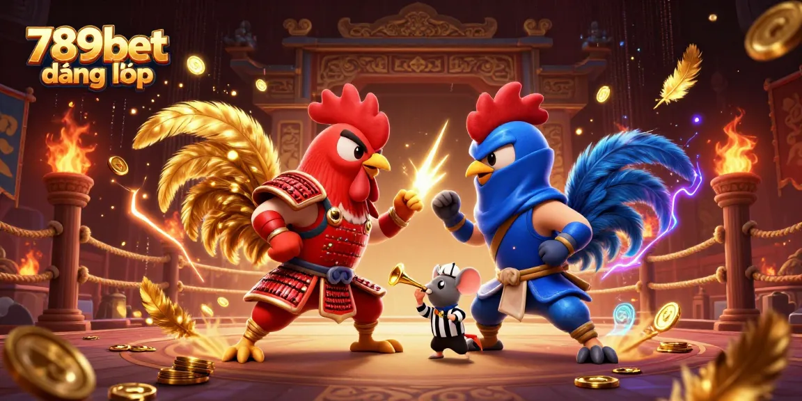 Engage in the thrilling 789bet đăng nhập scene with fighting roosters and a referee mouse in dynamic action.