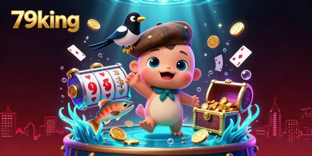 Engage with exciting games at 79king with 3D cartoon characters in a vibrant casino scene.