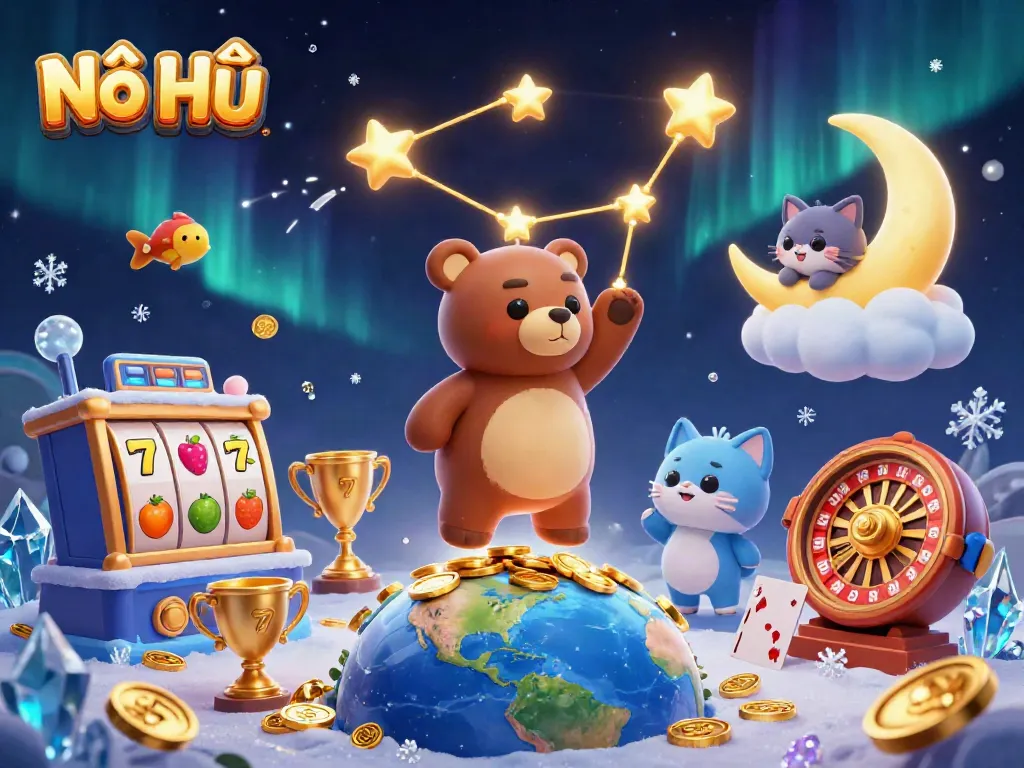 Engage in Nổ Hũ with a visually captivating illustration featuring a constellation bear, slot reels, and sparkling gems.