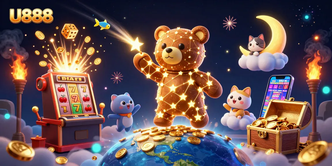 Experience thrilling jackpots with U888 in this vibrant 3D casino scene packed with sparkling coins and dynamic game elements.