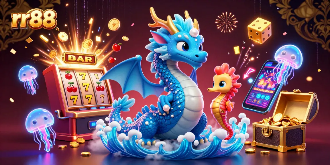 Engage with rr88's thrilling slot casino experience featuring a vibrant 3D dragon and seahorse warriors.