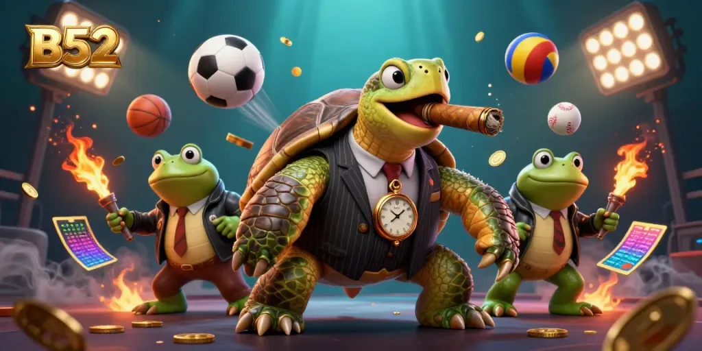 An engaging B52 casino scene featuring a mobster turtle and bullfrog enforcers, highlighted by sports-themed betting elements.