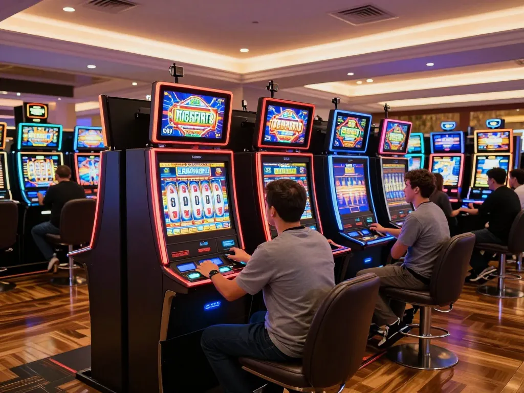 Players enjoying vibrant slot machines at Sunwin casino, showcasing excitement and dynamic gameplay.