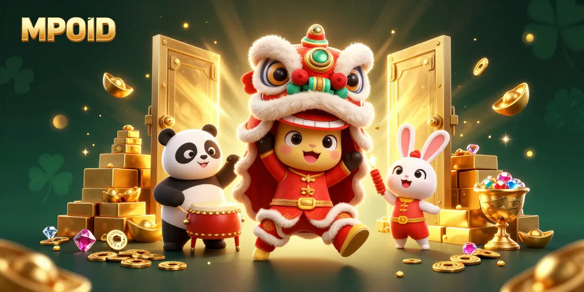 MPOID showcases an exciting scene with a lion dance and lucky symbols, ideal for engaging online gaming.
