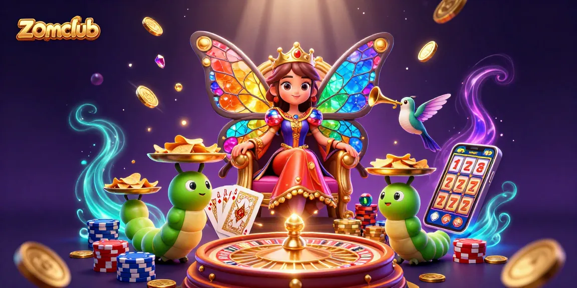 Experience excitement at zomclub with a vibrant 3D casino scene featuring a butterfly queen and dynamic game elements.