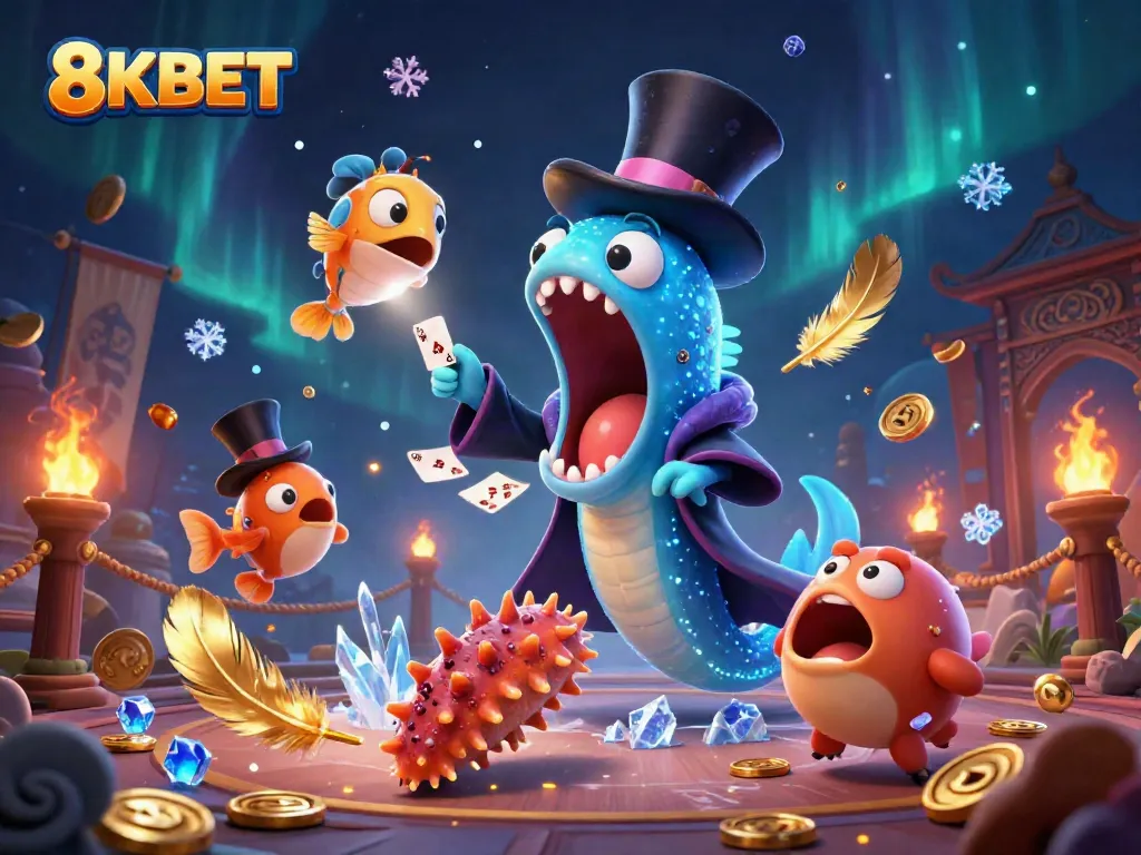 Experience thrilling gambling with 8KBET as a bioluminescent eel performs spectacular card tricks.