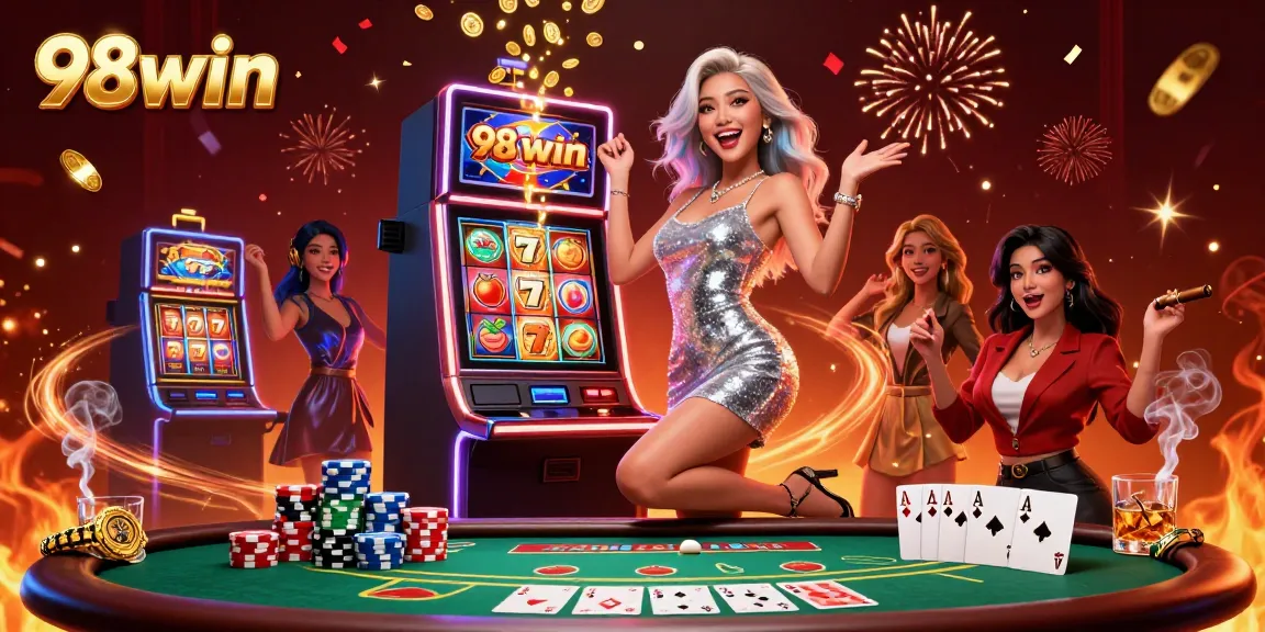 Experience excitement at 98win with vibrant slot reels and a celebratory atmosphere featuring a gorgeous Asian woman.