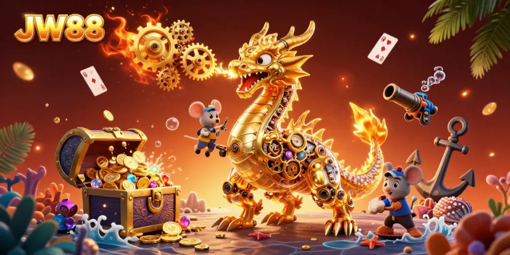 Win massive jackpots at JW88 with a golden dragon and treasure scene full of casino excitement.