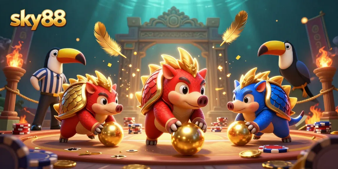 Sky88 pangolins compete in a casino-themed scene featuring poker chips and golden elements.